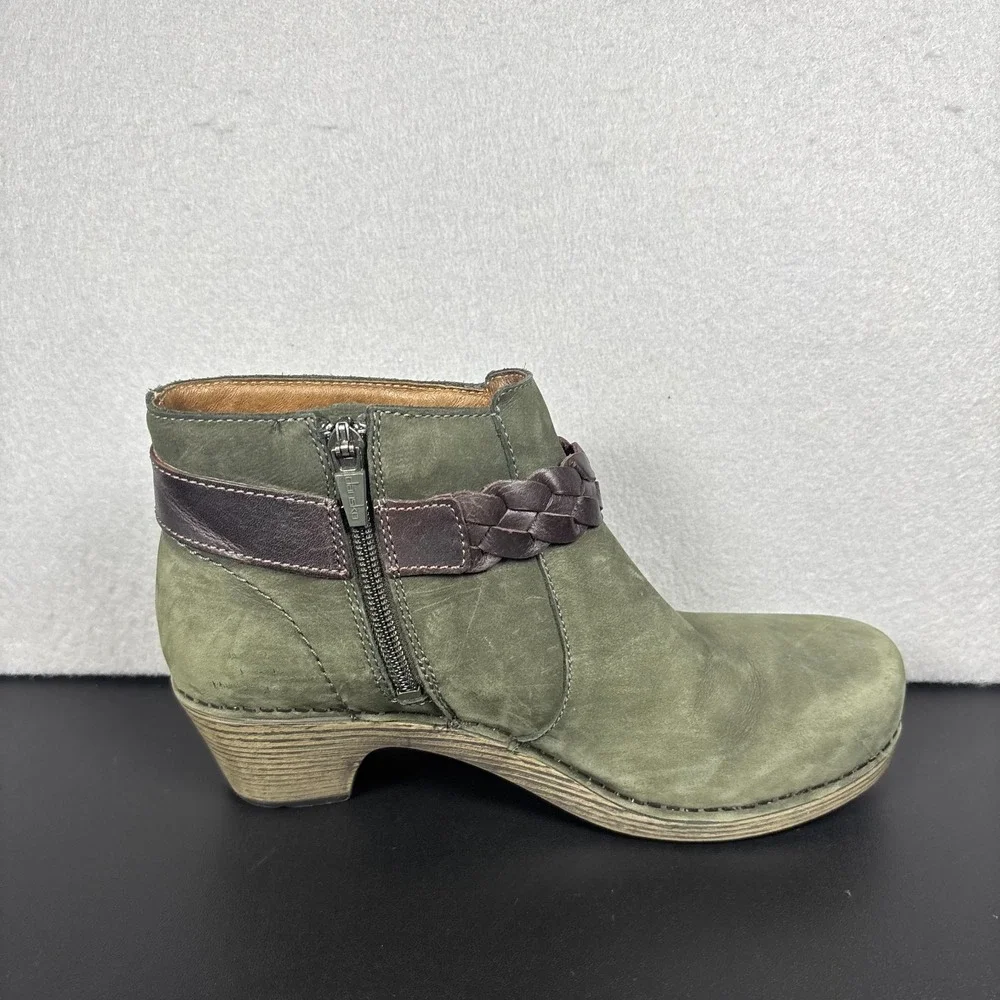Dansko Michelle Green Nubuck Leather Ankle Booties Boots EU 38 US 7/7.5 Side Zip